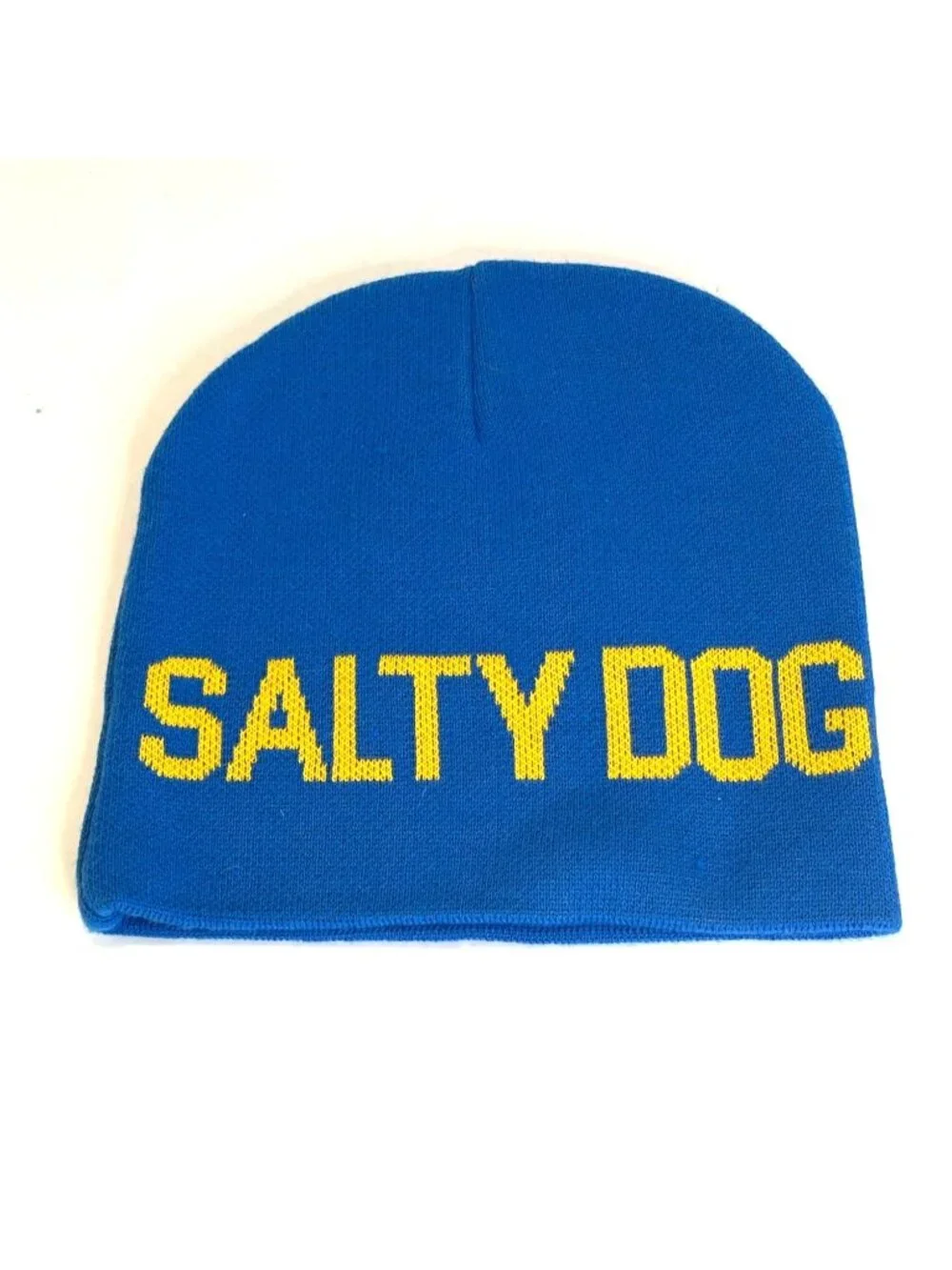 Beanie Hat Acrylic Blue Knit Winter Ski Sled Cap Salty Dog Pup Puppy Paw Yellow